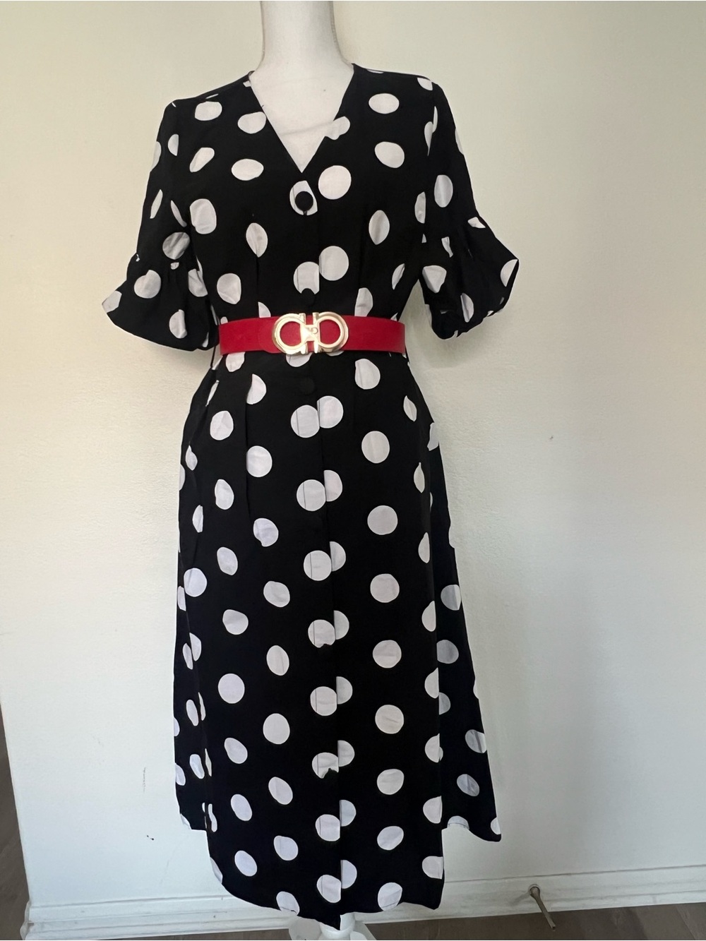 Zara Black and White Polka Dot Midi Dress with Red Belt.